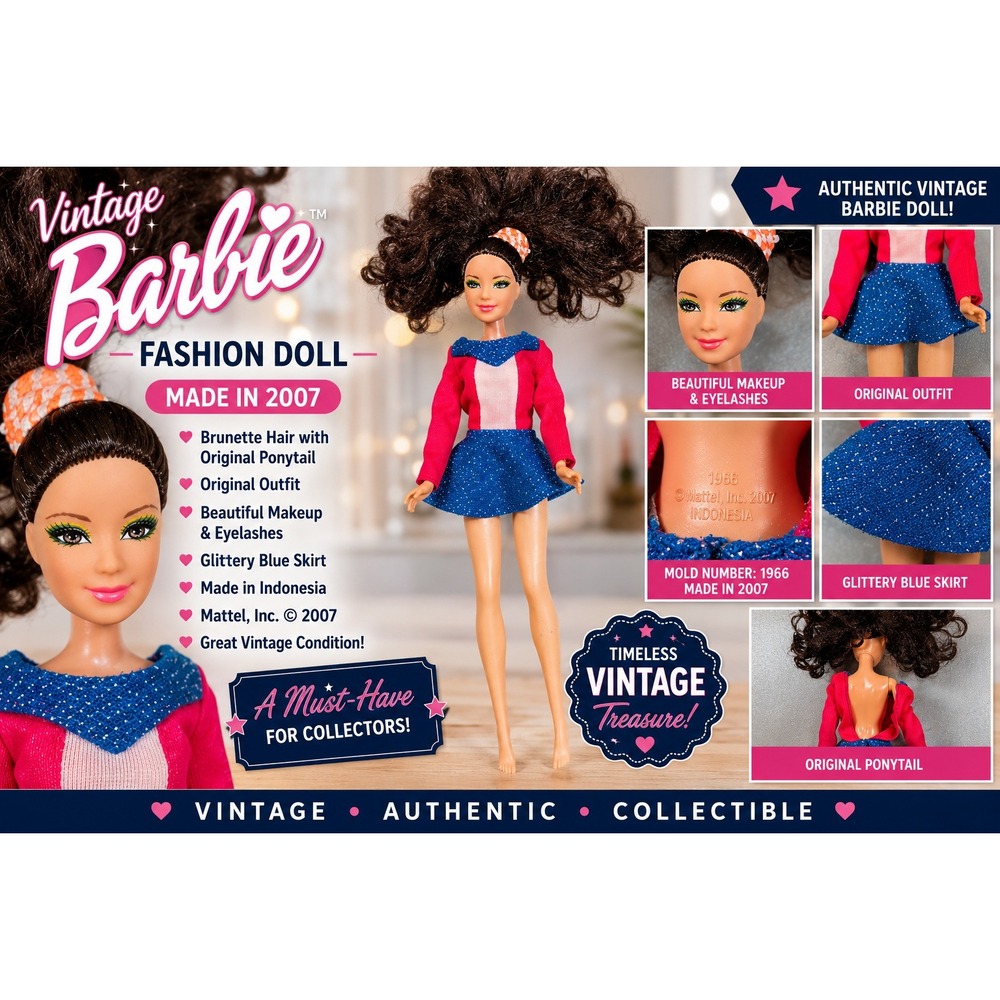 Mattel Barbie Doll 2007 Brunette High Ponytail Red Blue Glitter Outfit Indonesia
